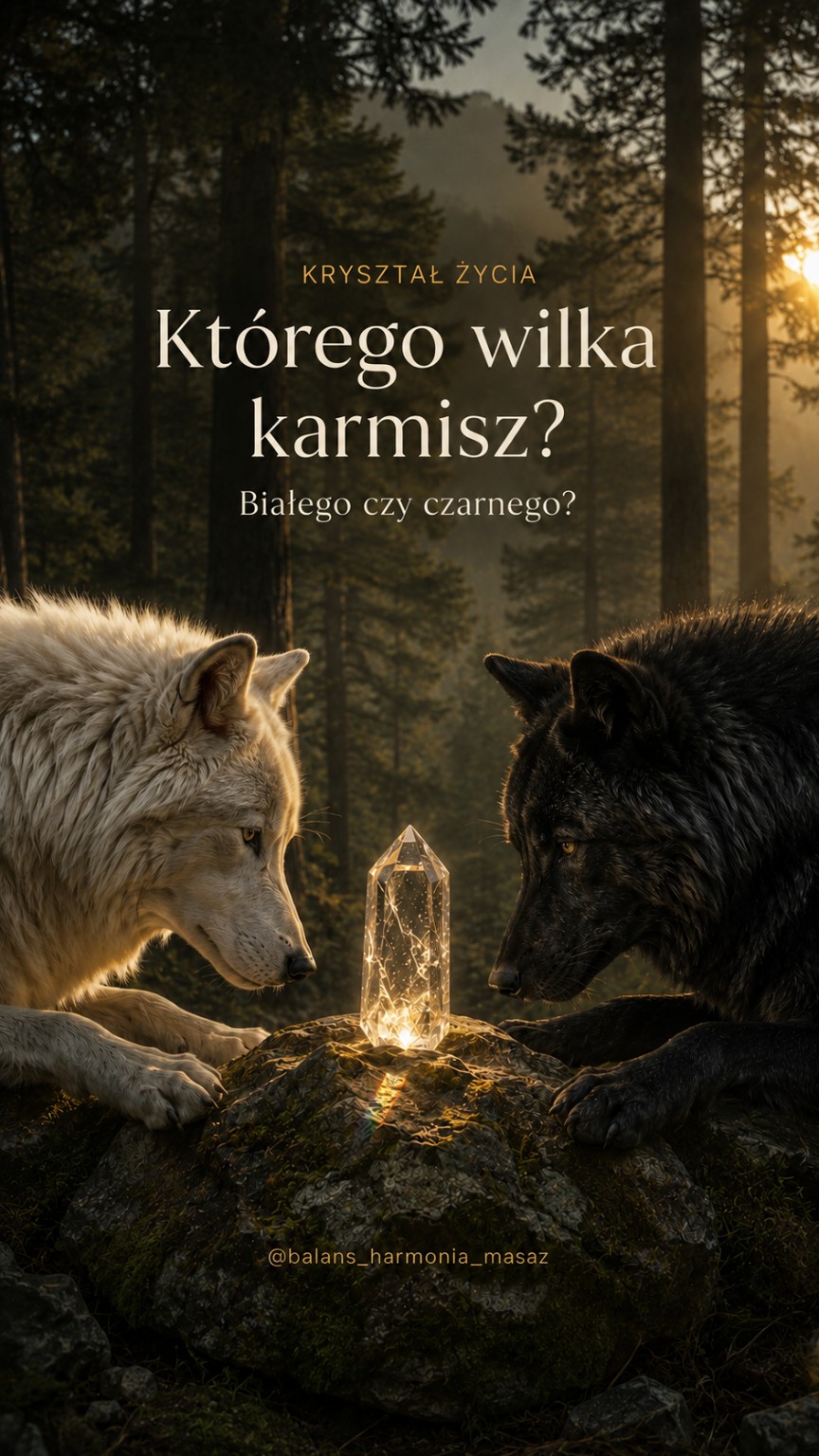Biały i czarny wilk po obu stronach rozświetlonego kryształu w lesie